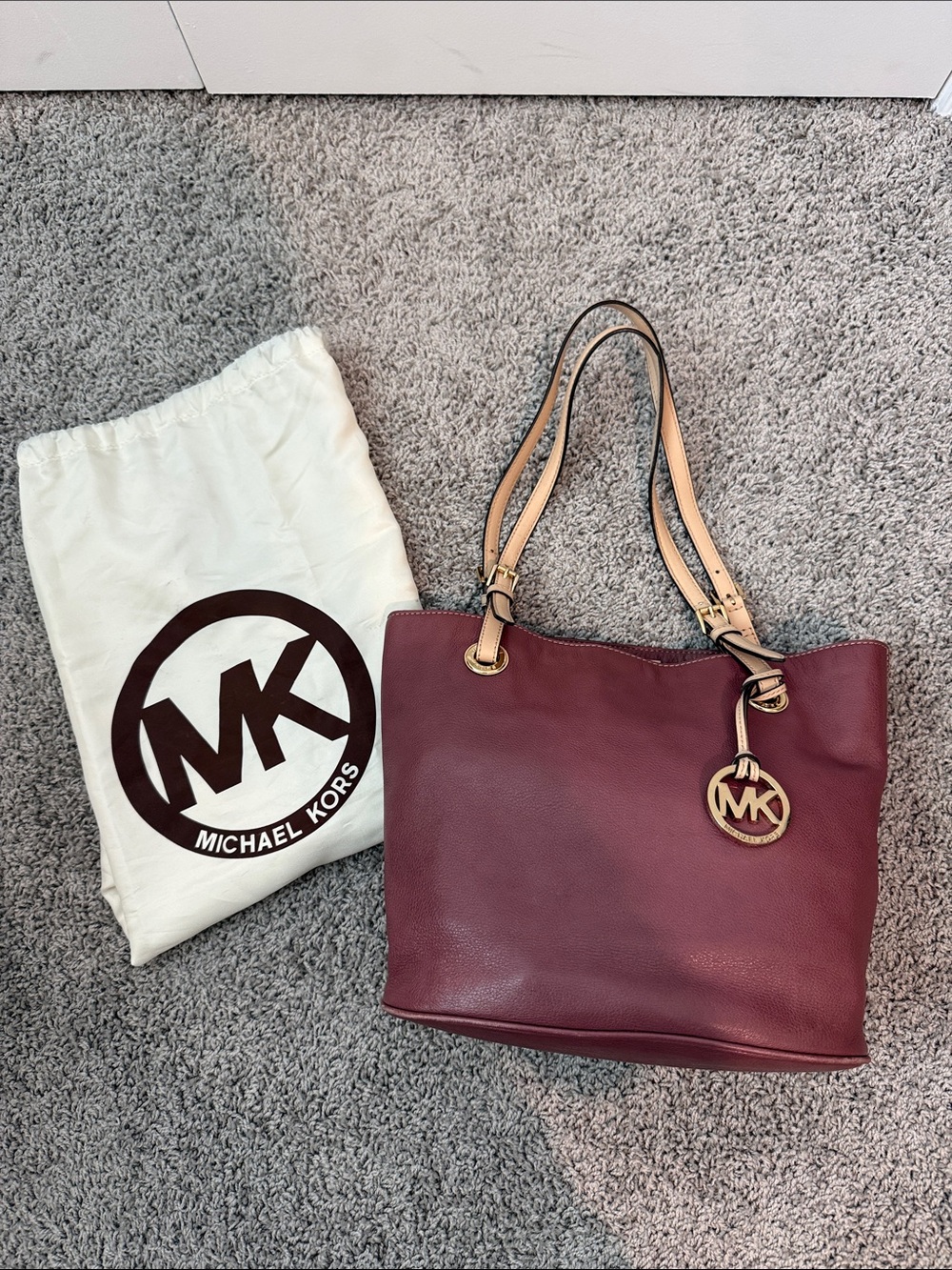Michael Kors Leather Tote with Tan Straps and Gold MK Charm